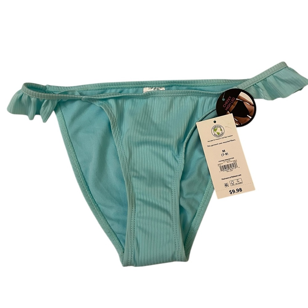 BNWT No Boundaries Blue Cheeky Swim Bottoms with Ruffles (Sea Blue, Medium)